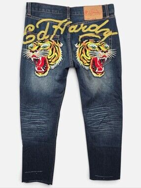 Vintage Ed Hardy Y2K Double Tiger Embroidered Dark Wash Denim Jeans Size 32x29